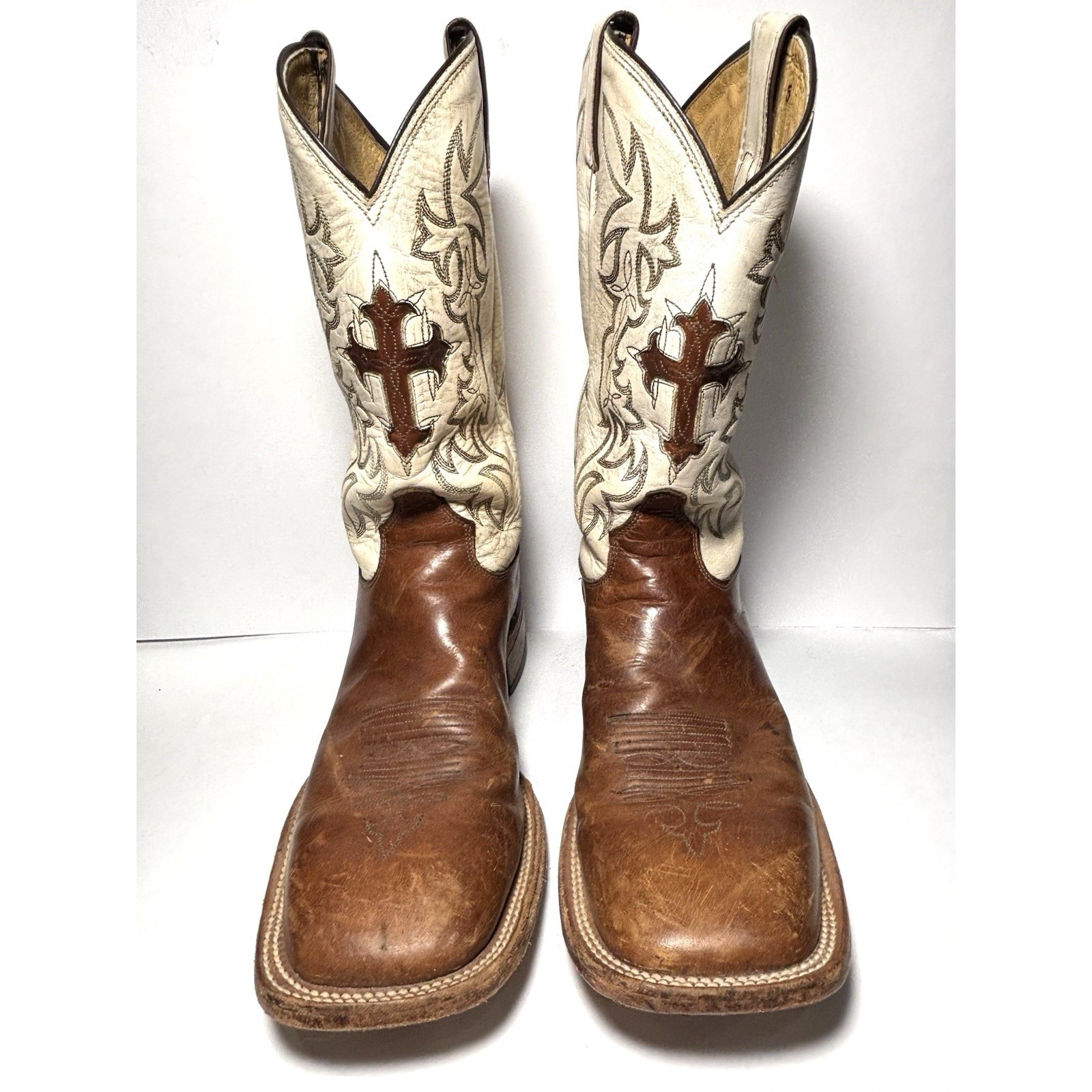 Tony Lama Brown And White Western Cowboy Boots With Cross Inlay
